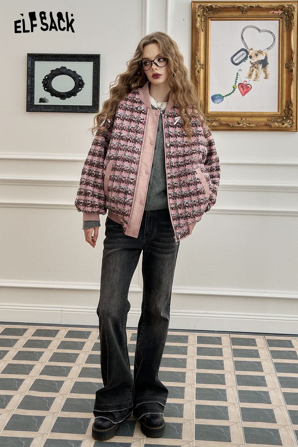 ELFSACK Fancy yarn stitching PU leather sweet casual baseball jacket