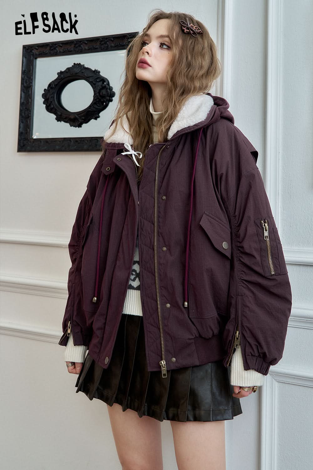 ELFSACK Retro purple with fine glitter fur lapel jacket
