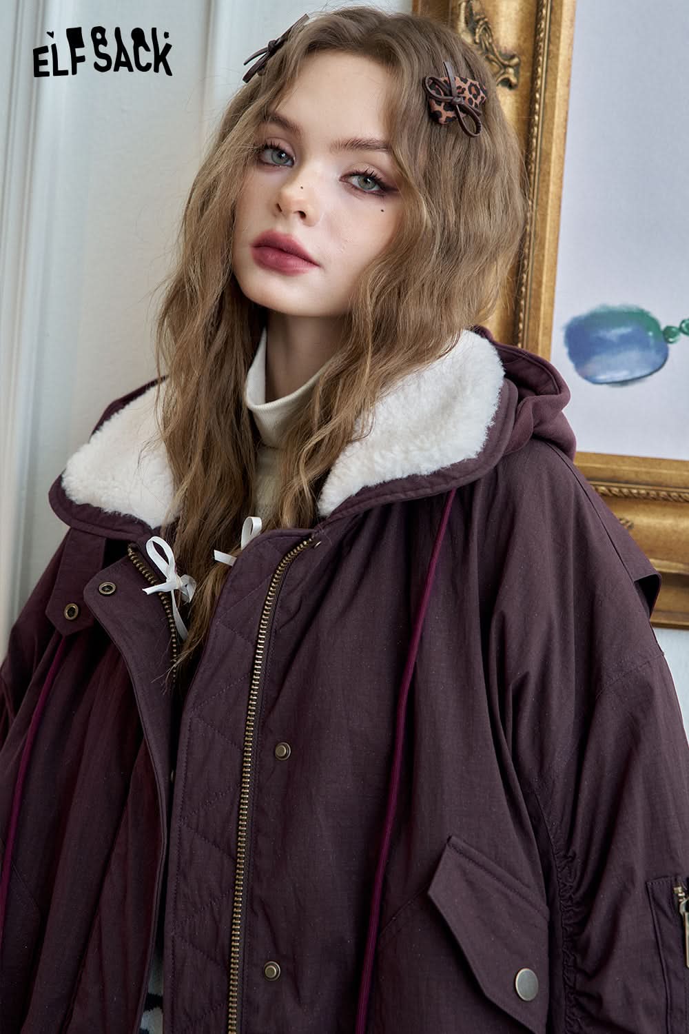 ELFSACK Retro purple with fine glitter fur lapel jacket