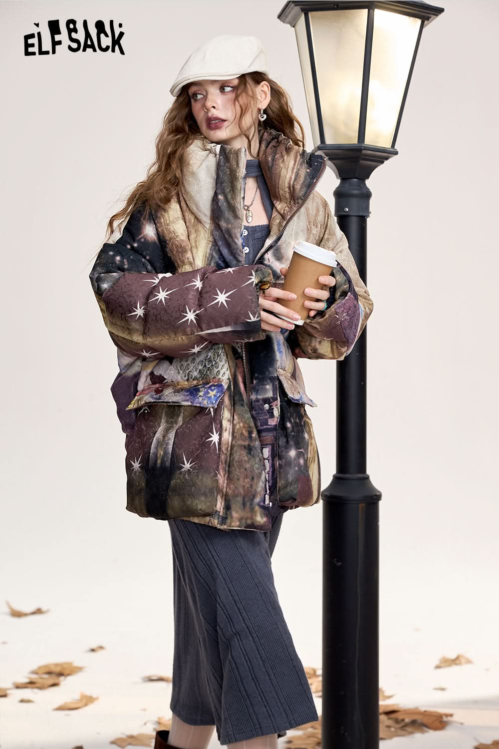 ELFSACK Fox print short loose stand collar down jacket