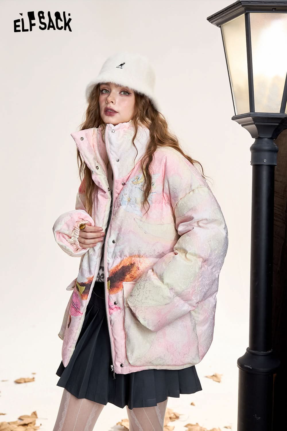 ELFSACK Fox print short loose stand collar down jacket