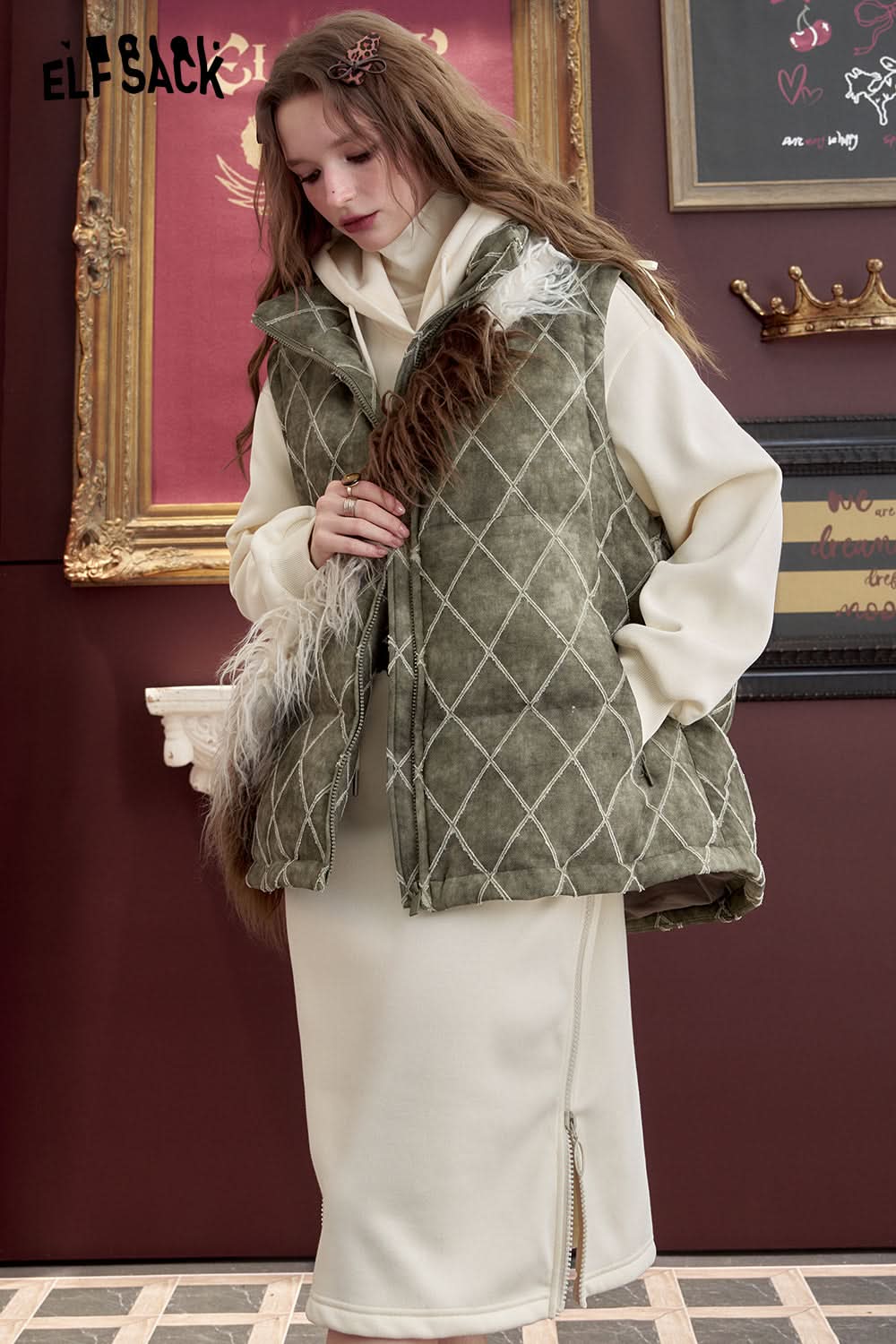 ELFSACK Retro diamond print down vest