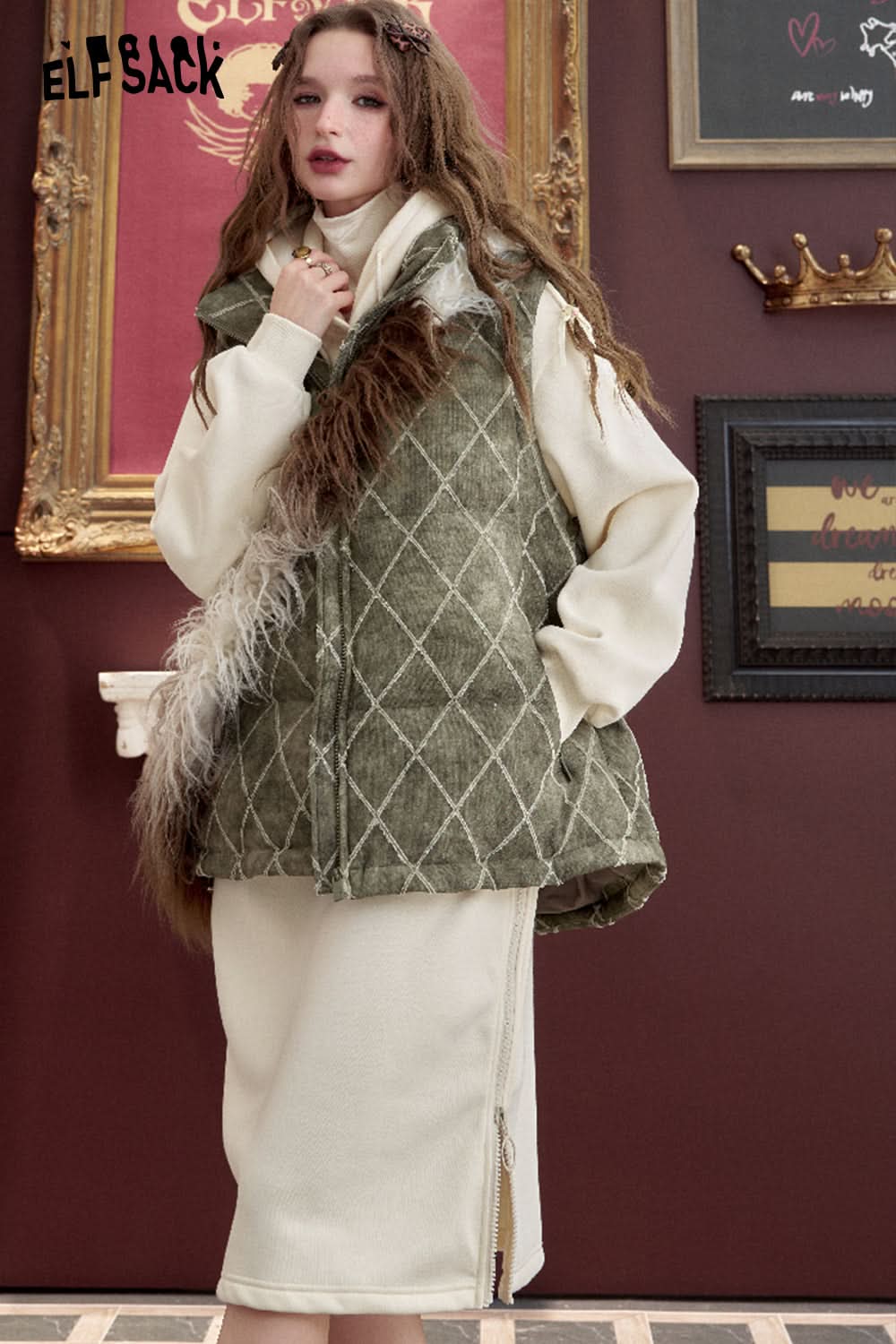 ELFSACK Retro diamond print down vest
