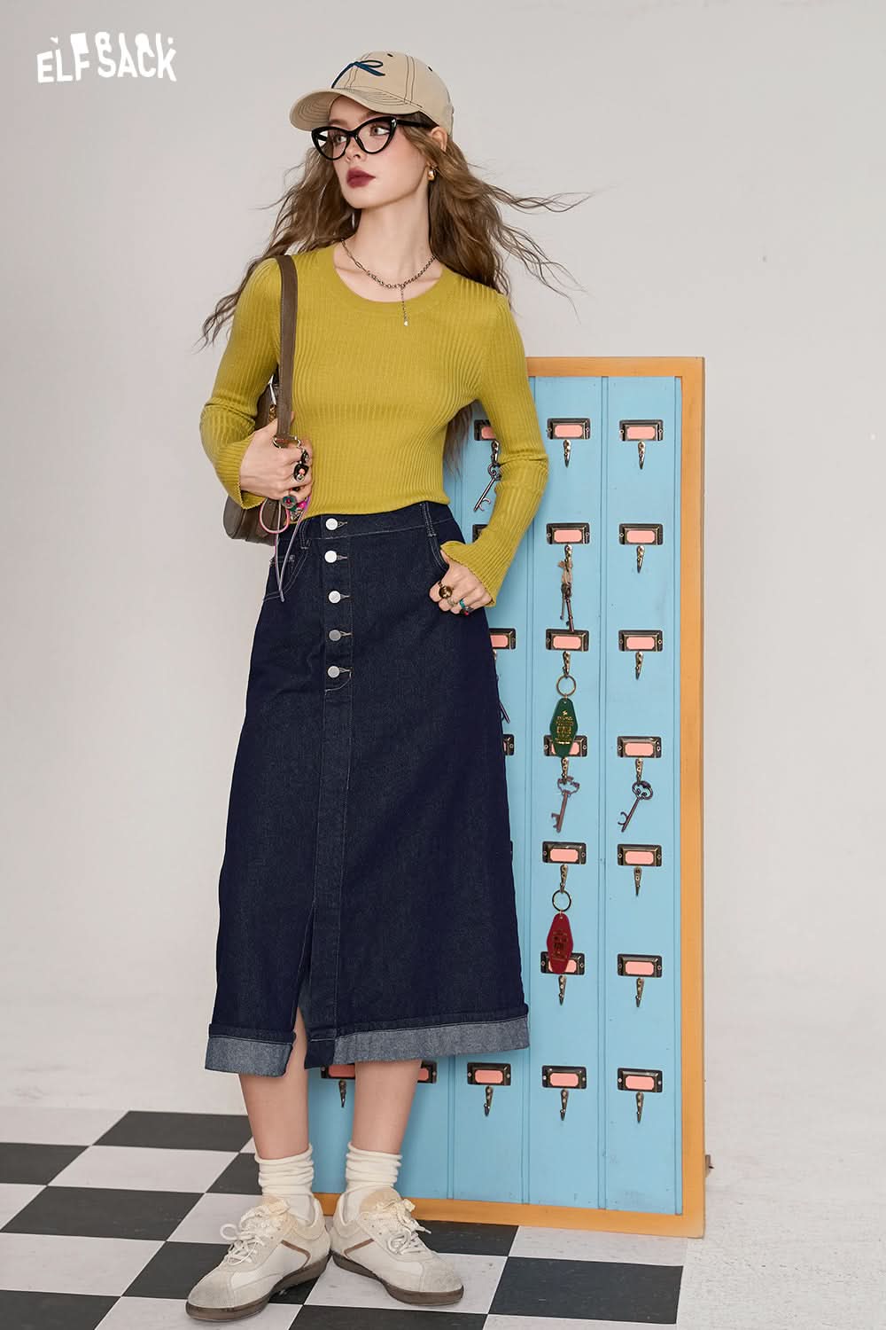 ELFSACK Blue retro a-line natural waist college style all-match button straight split denim skirt