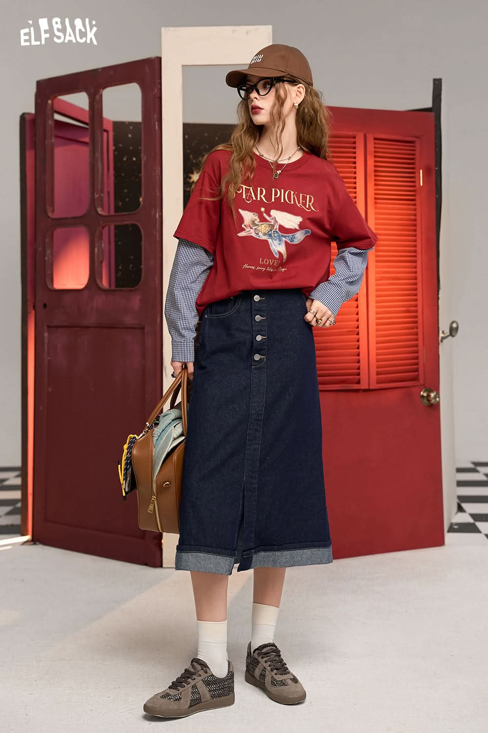 ELFSACK Blue retro a-line natural waist college style all-match button straight split denim skirt