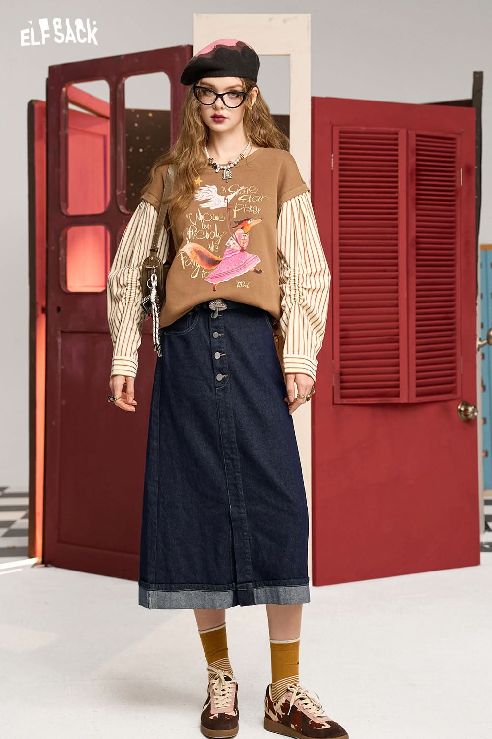 ELFSACK Blue retro a-line natural waist college style all-match button straight split denim skirt