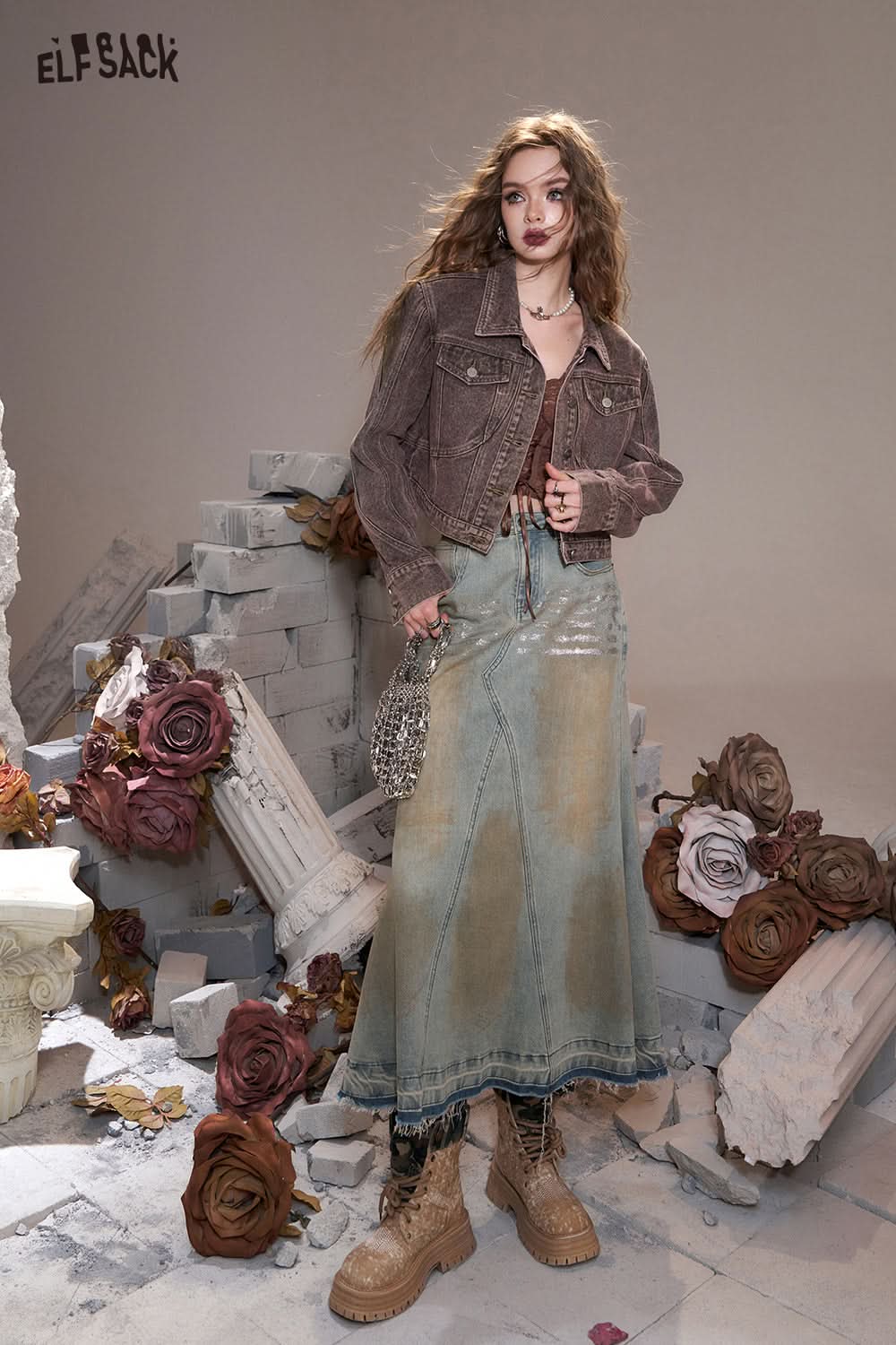 ELFSACK American style silver brushed wasteland old style pocket fishtail denim skirt