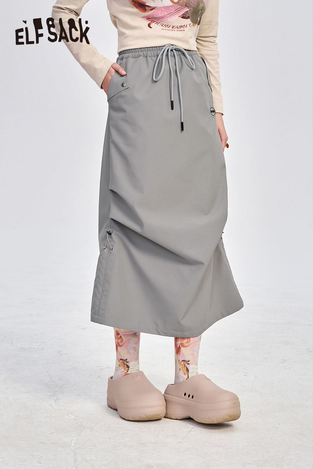 ELFSACK Gray three-proof mountain workwear natural waist sports loose straight outdoor skirt