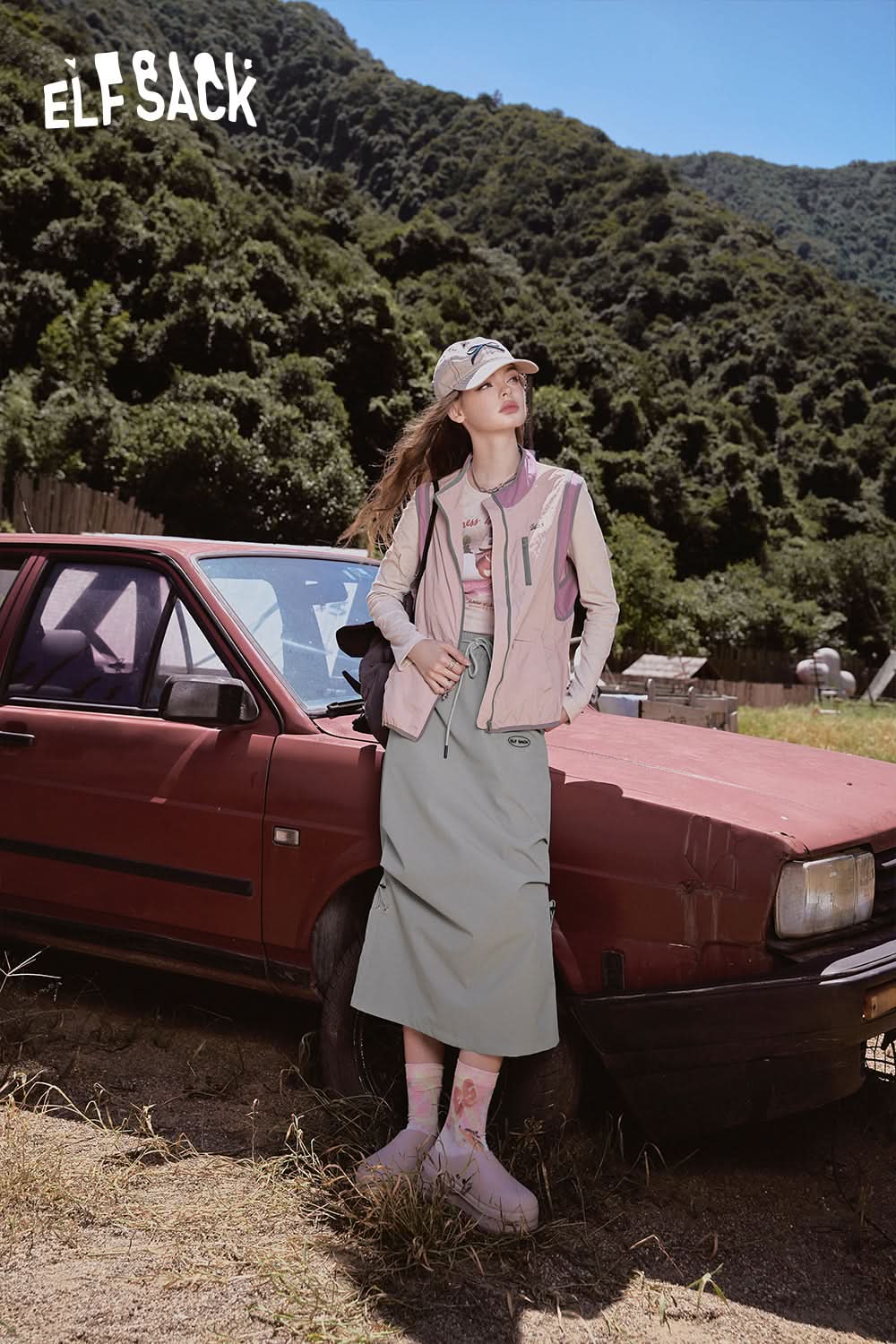 ELFSACK Gray three-proof mountain workwear natural waist sports loose straight outdoor skirt