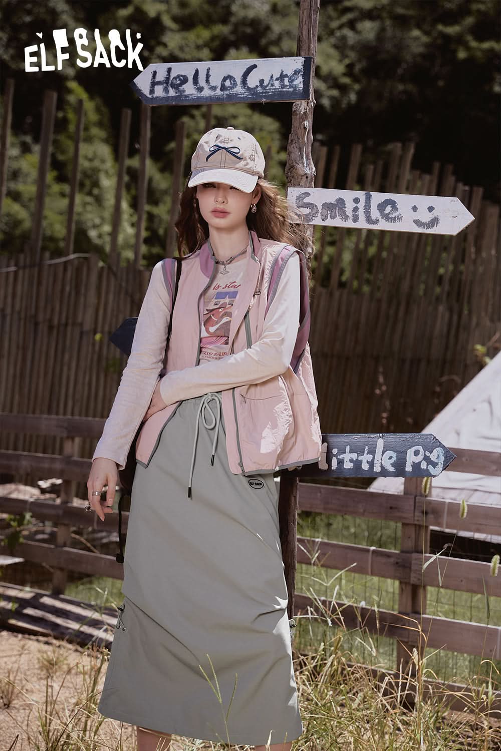 ELFSACK Gray three-proof mountain workwear natural waist sports loose straight outdoor skirt