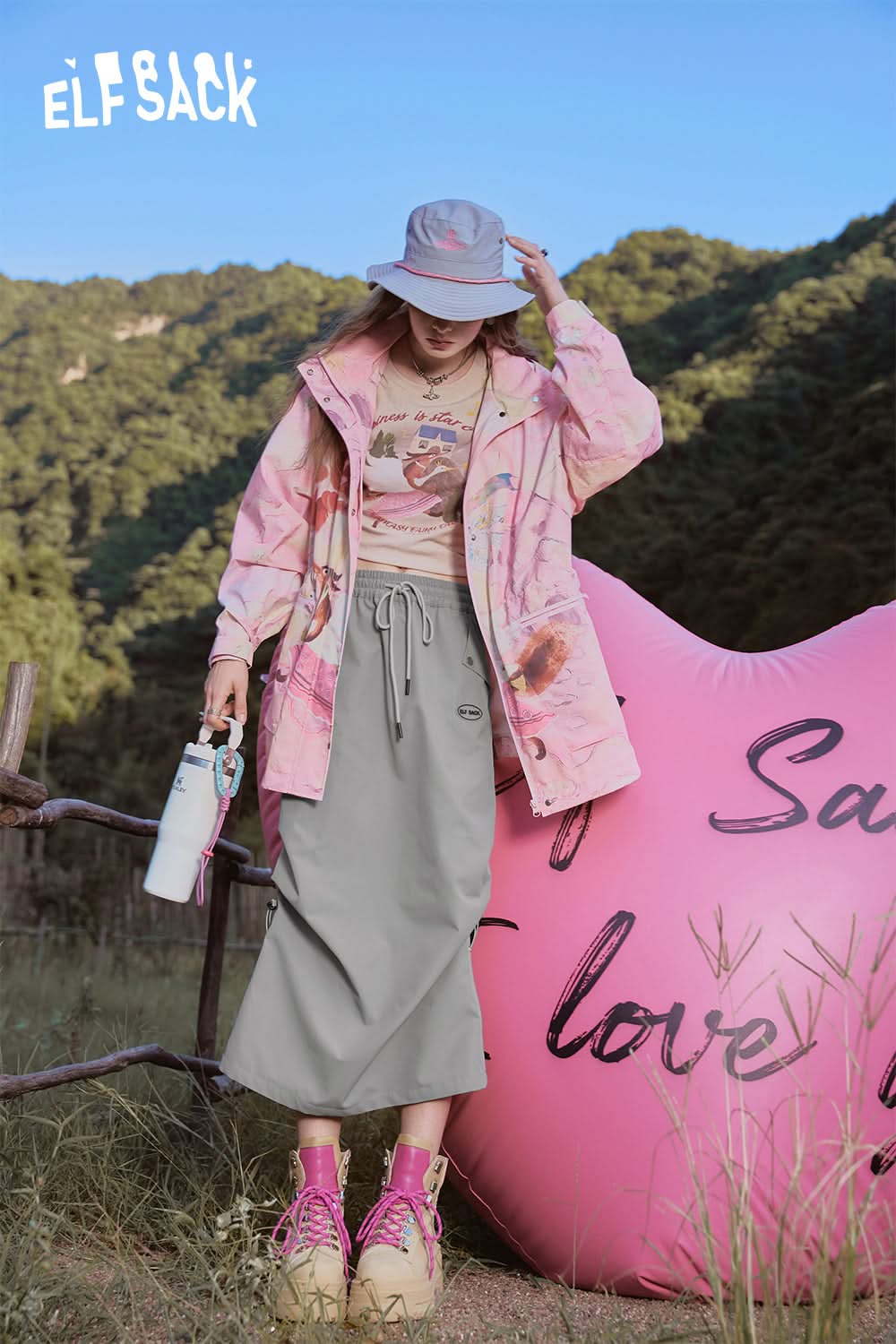 ELFSACK Gray three-proof mountain workwear natural waist sports loose straight outdoor skirt