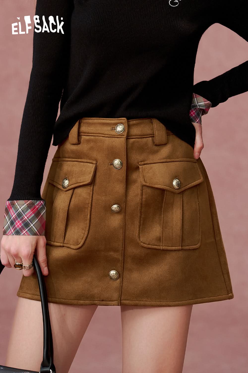 ELFSACK Retro Maillard brown suede skirt