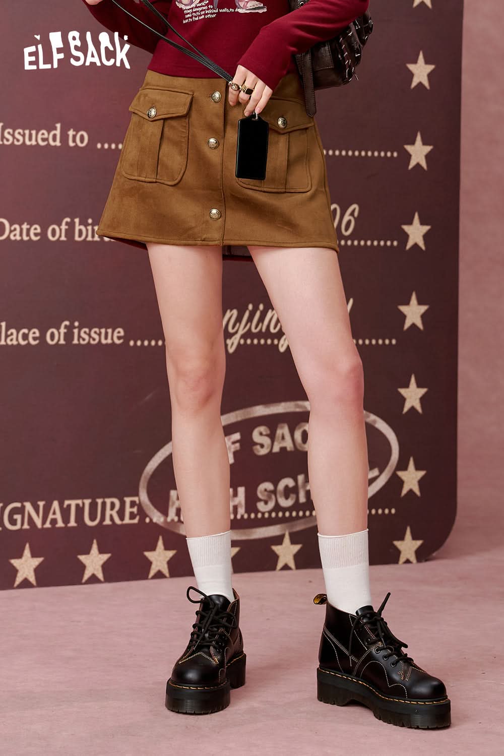 ELFSACK Retro Maillard brown suede skirt