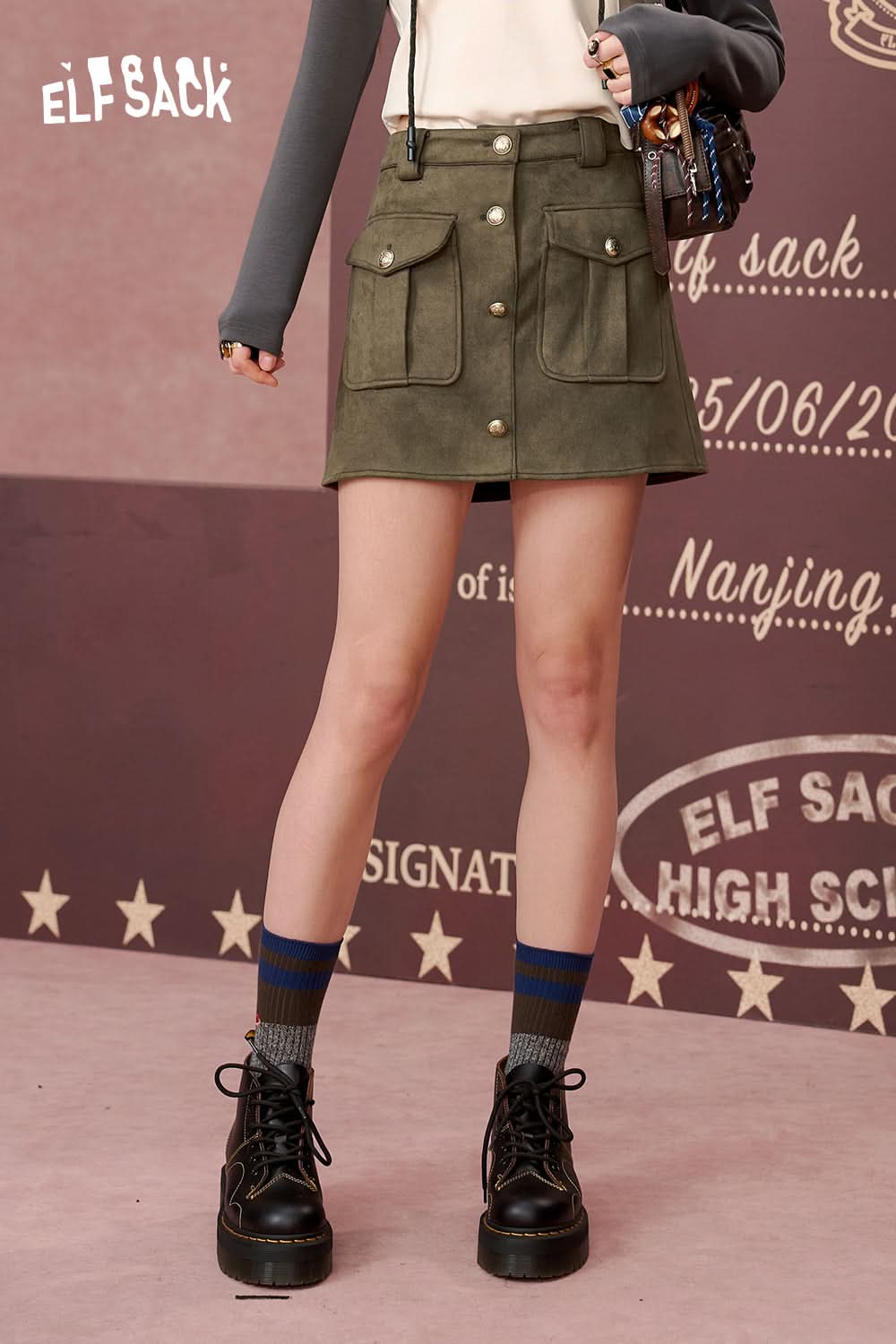 ELFSACK Retro Maillard brown suede skirt
