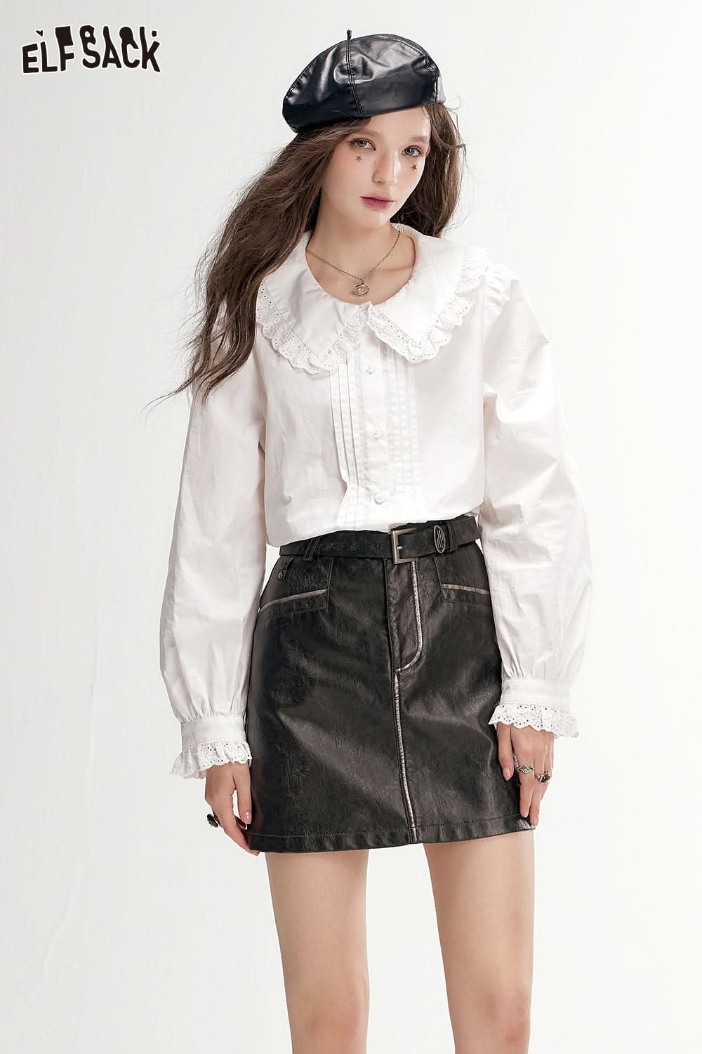 ELFSACK Black High-Waisted A-Line PU Leather Skirt Sweet Cool Versatile Pencil Skirt