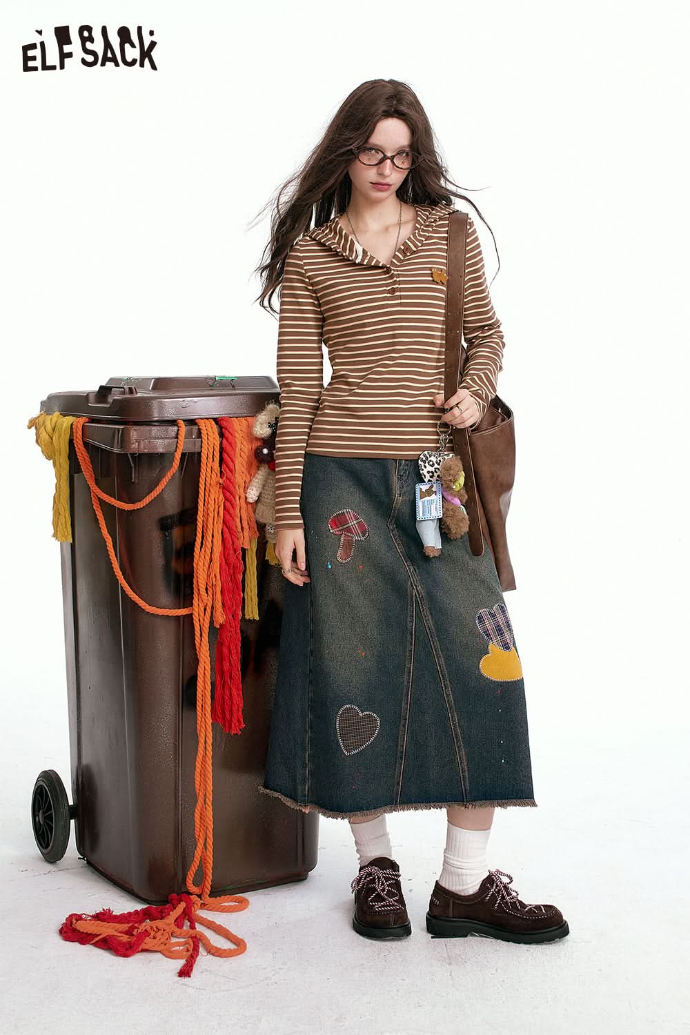 ELFSACK Heart Frayed American Denim Skirt Splash Ink Design Long Skirt