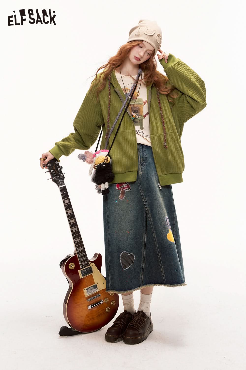 ELFSACK Heart Frayed American Denim Skirt Splash Ink Design Long Skirt