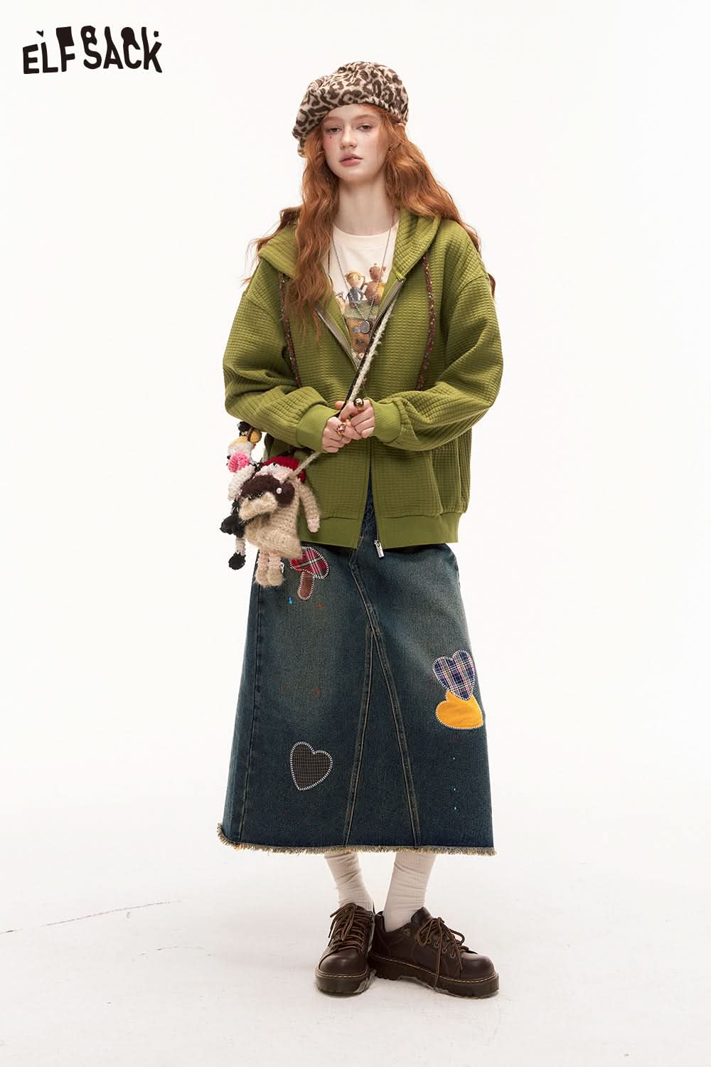 ELFSACK Heart Frayed American Denim Skirt Splash Ink Design Long Skirt