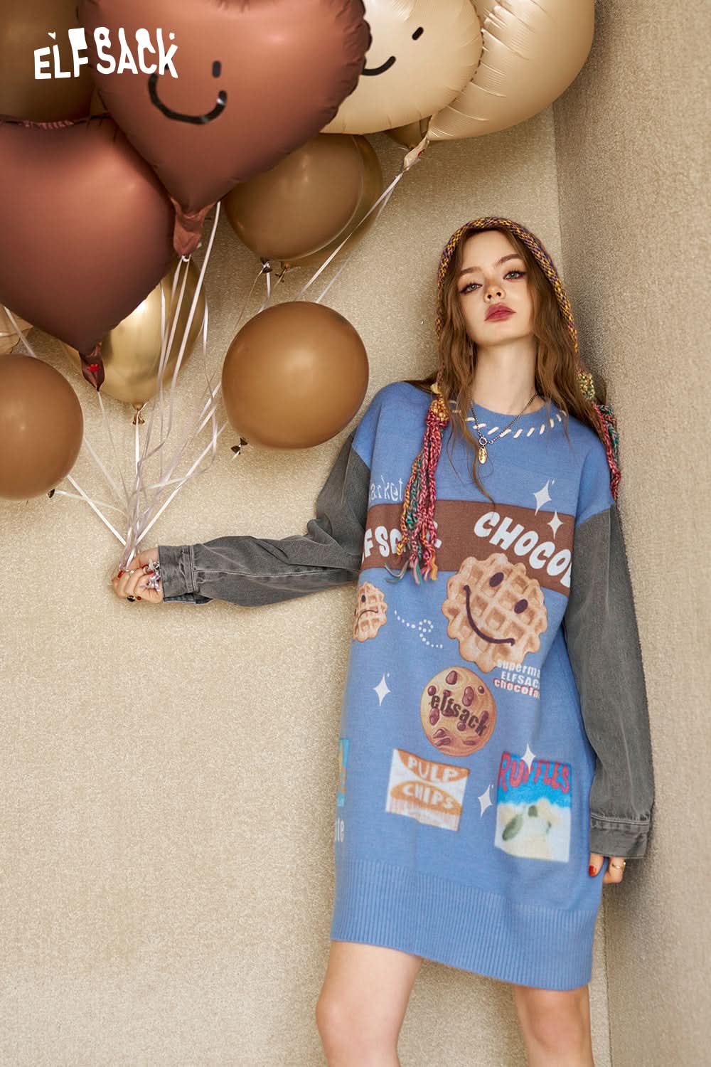 ELFSACK Women's denim contrast stitching printed knitted dress