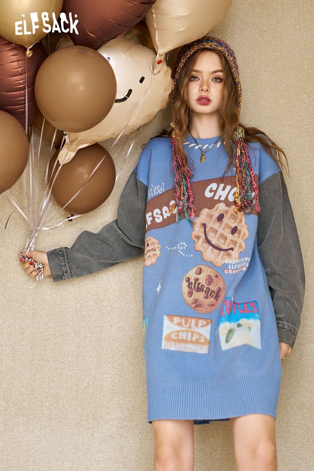 ELFSACK Women's denim contrast stitching printed knitted dress