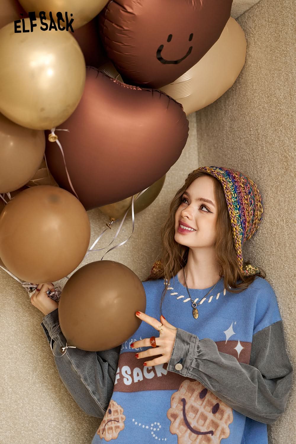 ELFSACK Women's denim contrast stitching printed knitted dress