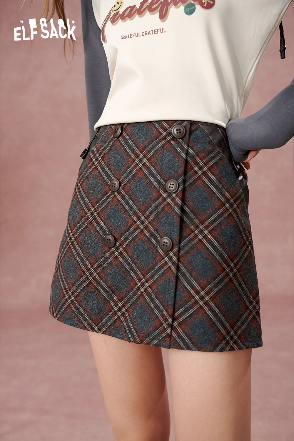 ELFSACK Women's retro plaid double-breasted skirt