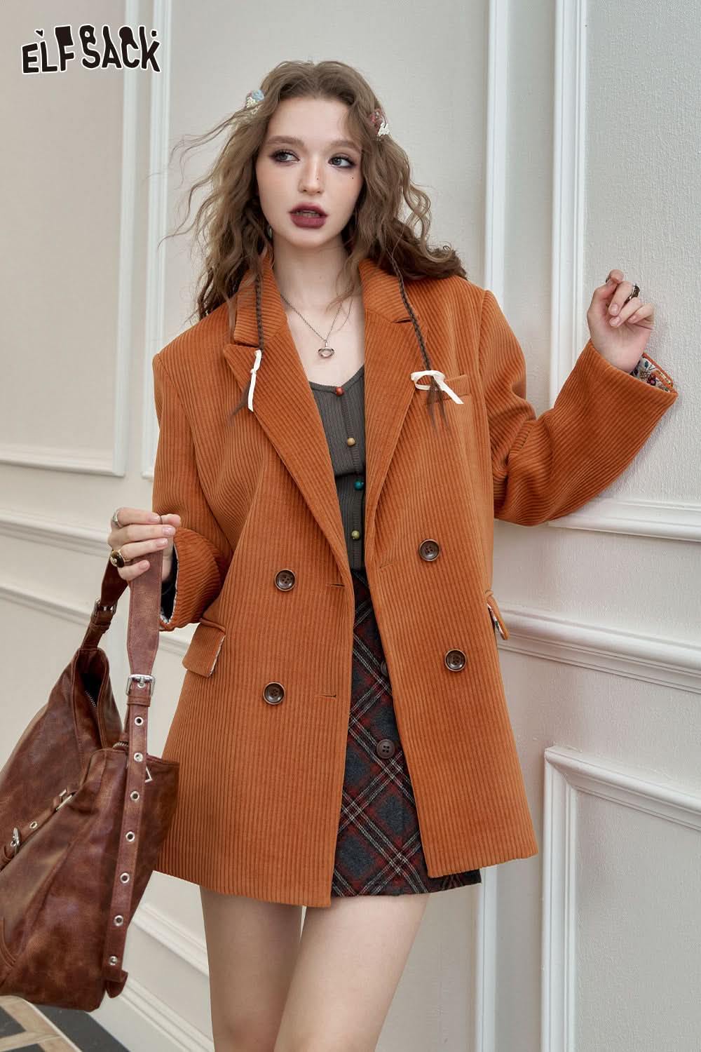 ELFSACK Textured Retro Blazer Melange Elegant Outerwear