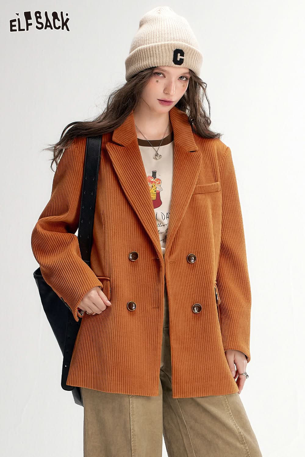ELFSACK Textured Retro Blazer Melange Elegant Outerwear