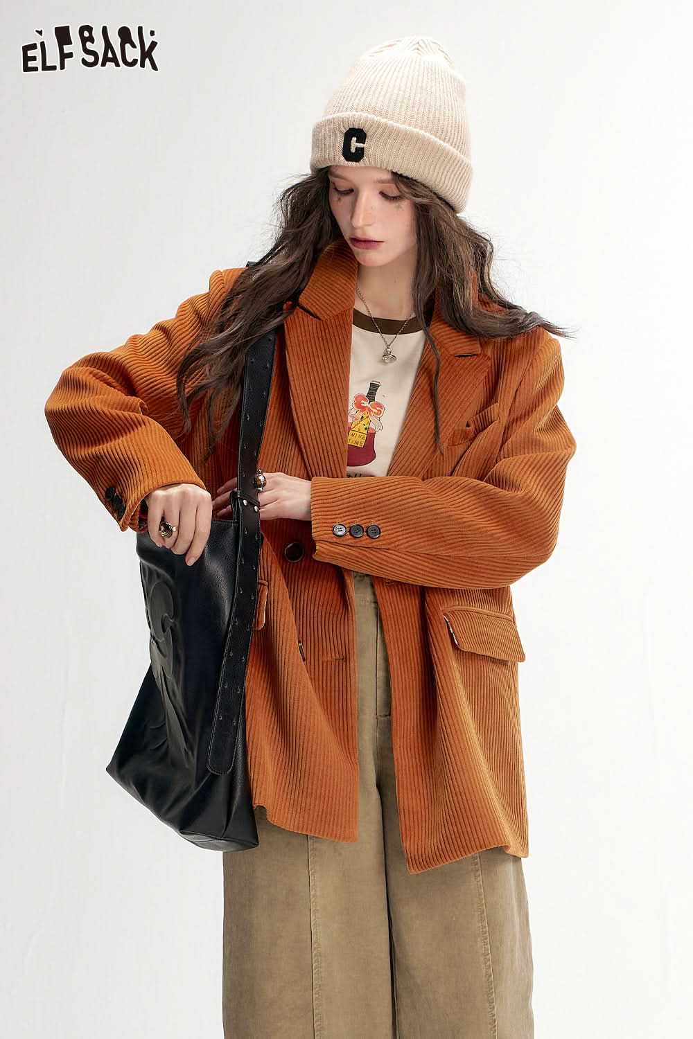 ELFSACK Textured Retro Blazer Melange Elegant Outerwear