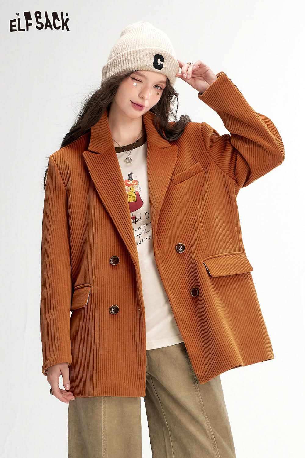 ELFSACK Textured Retro Blazer Melange Elegant Outerwear