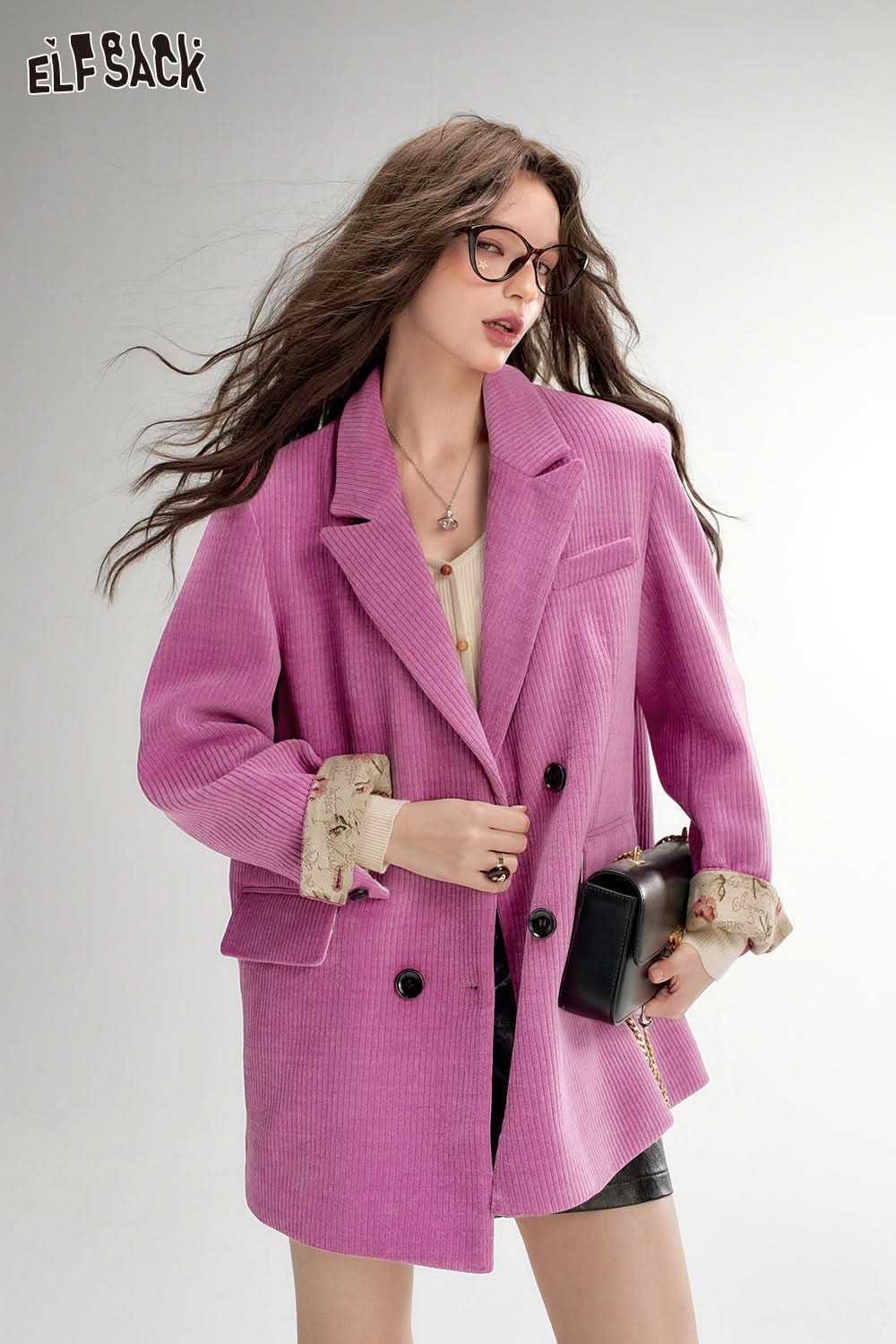 ELFSACK Textured Retro Blazer Melange Elegant Outerwear