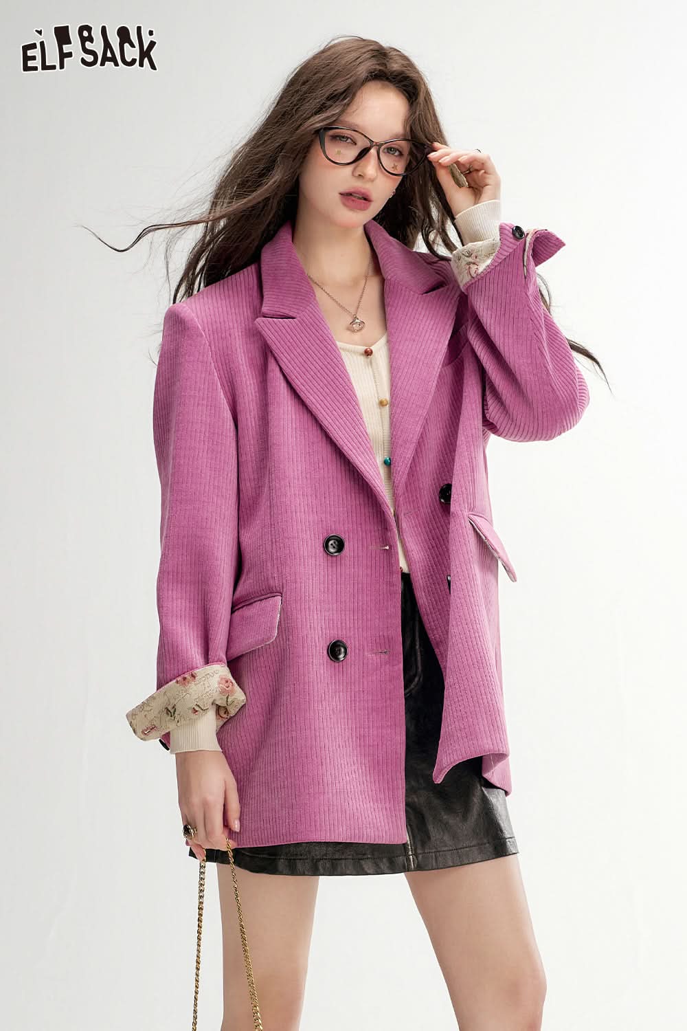 ELFSACK Textured Retro Blazer Melange Elegant Outerwear