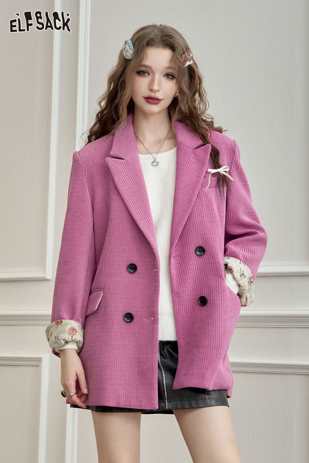 ELFSACK Textured Retro Blazer Melange Elegant Outerwear