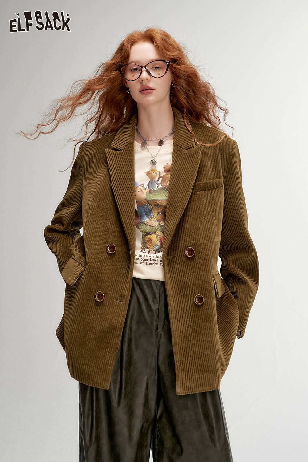 ELFSACK Textured Retro Blazer Melange Elegant Outerwear