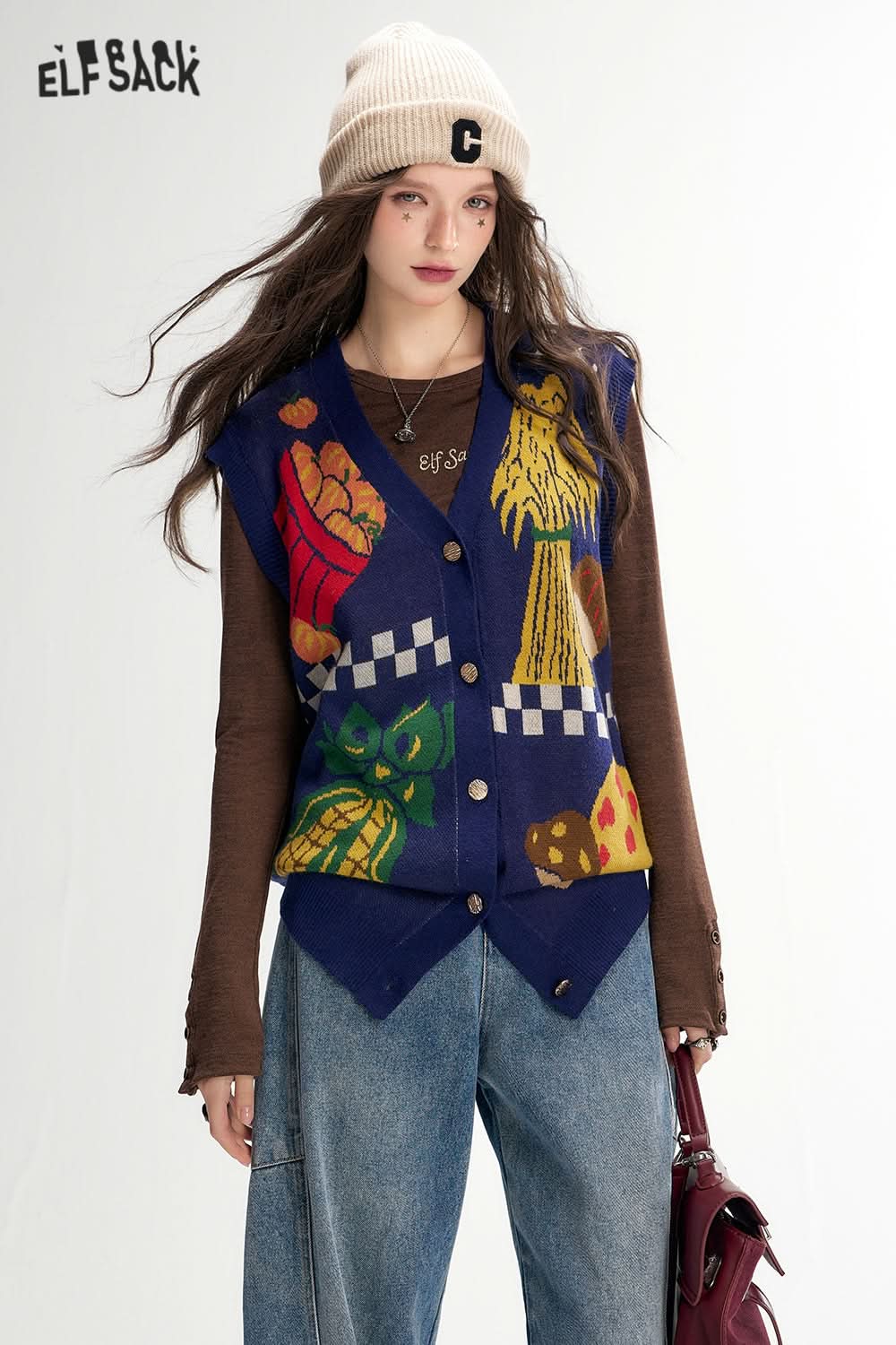 ELFSACK Vegetable Print Knit Vest Retro Casual Layering Vest