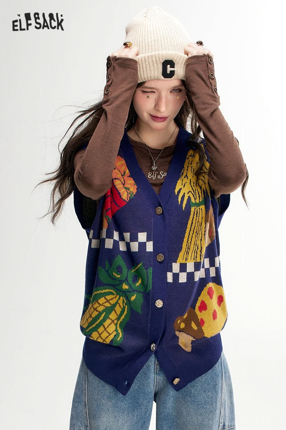 ELFSACK Vegetable Print Knit Vest Retro Casual Layering Vest