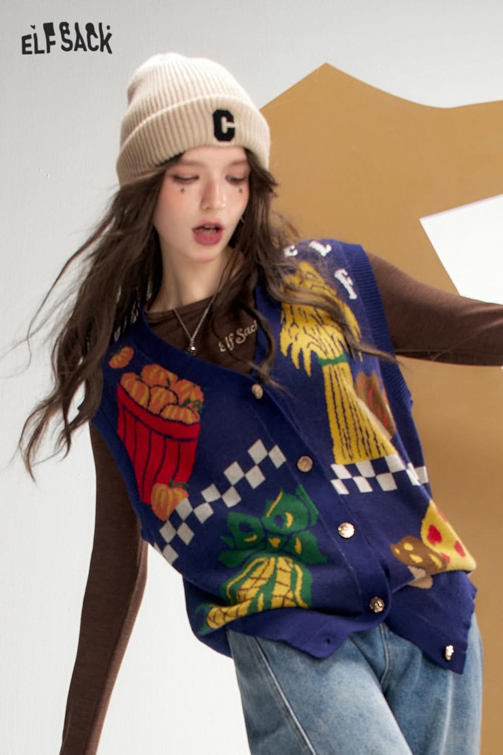 ELFSACK Vegetable Print Knit Vest Retro Casual Layering Vest