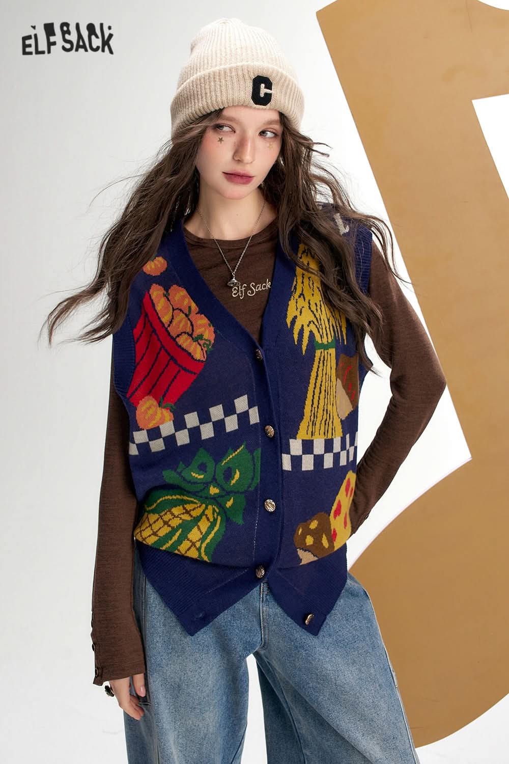ELFSACK Vegetable Print Knit Vest Retro Casual Layering Vest