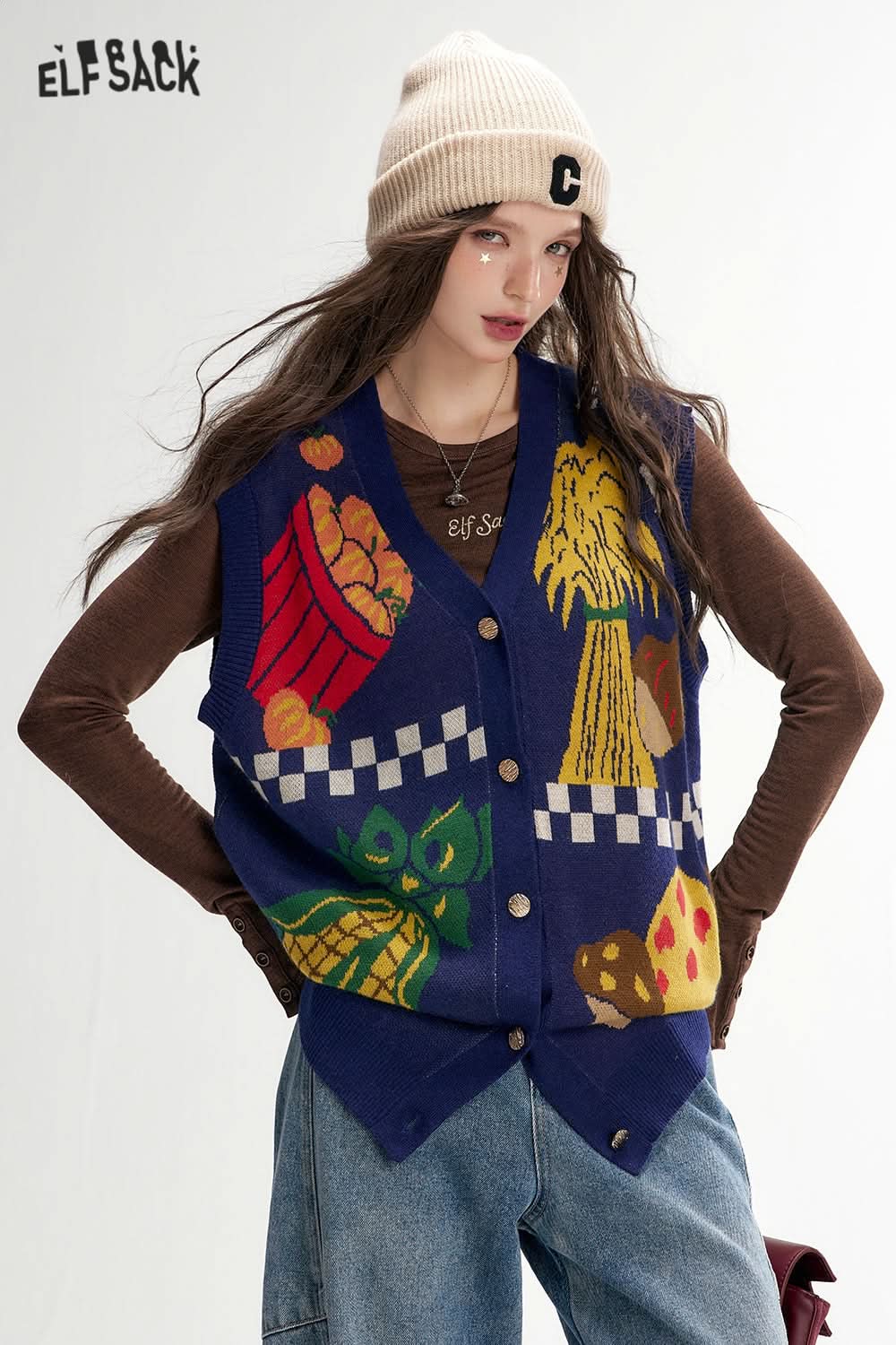 ELFSACK Vegetable Print Knit Vest Retro Casual Layering Vest