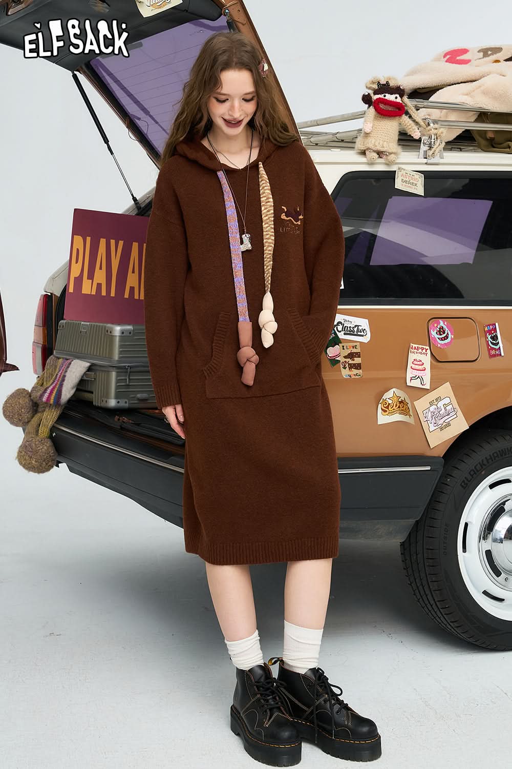 ELFSACK Women's loose slim hooded knitted long sleeve dress