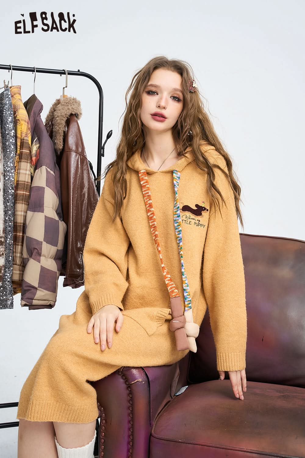 ELFSACK Women's loose slim hooded knitted long sleeve dress