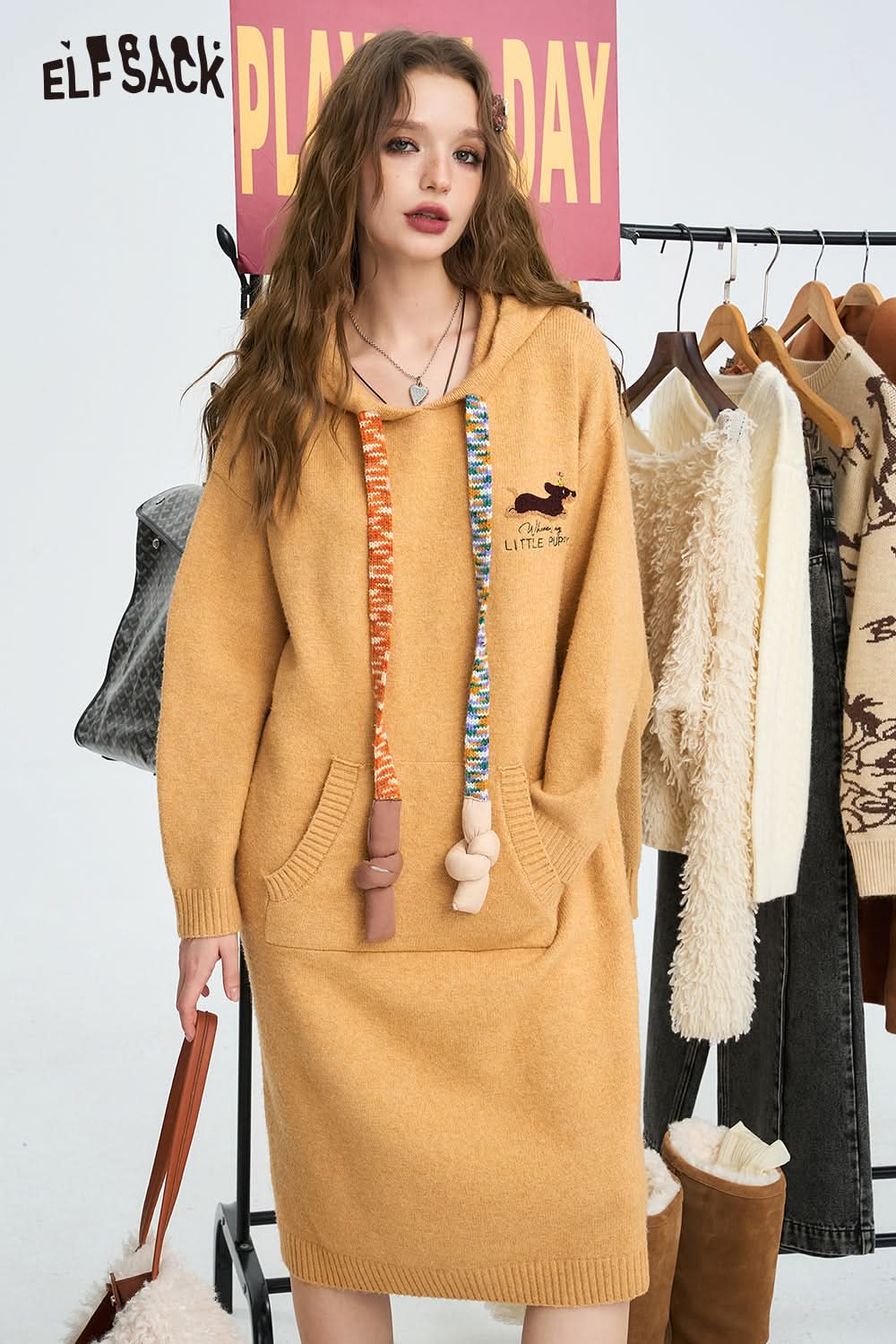 ELFSACK Women's loose slim hooded knitted long sleeve dress