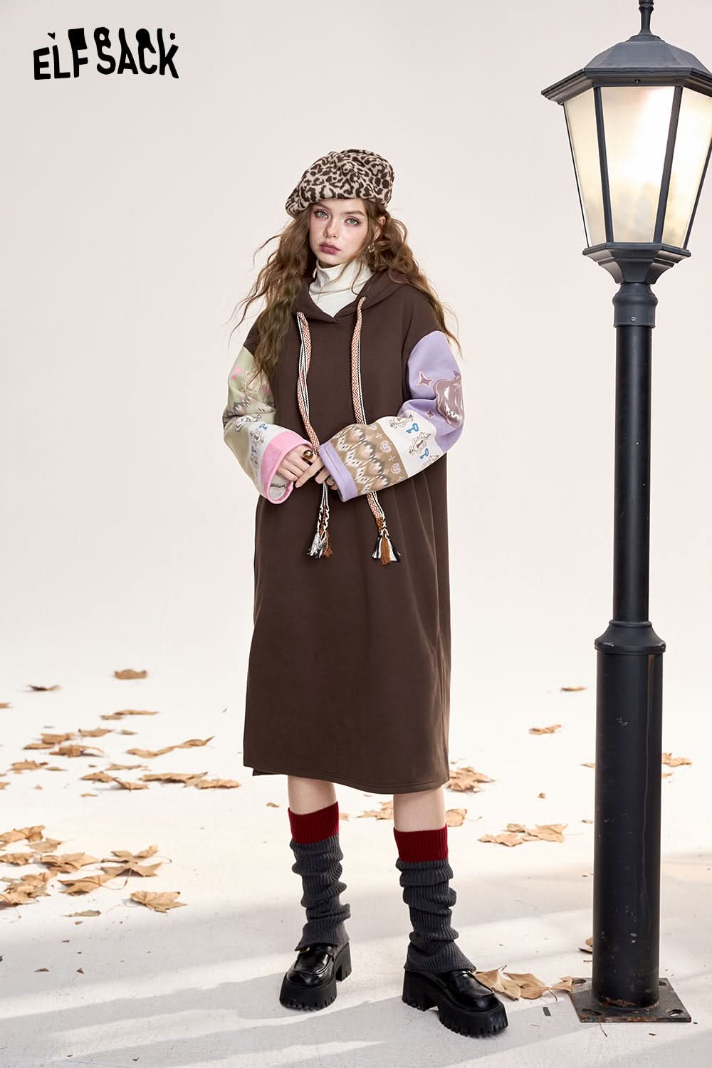 ELFSACK Hoodie Long Sleeve Dress retro preppy style contrast color stitching long dress