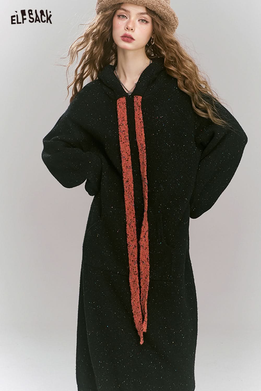ELFSACK Colorful dots hooded pockets tie knit long dress