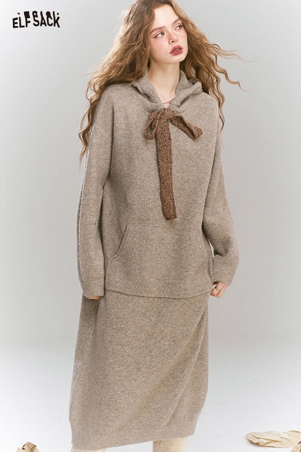 ELFSACK Colorful dots hooded pockets tie knit long dress
