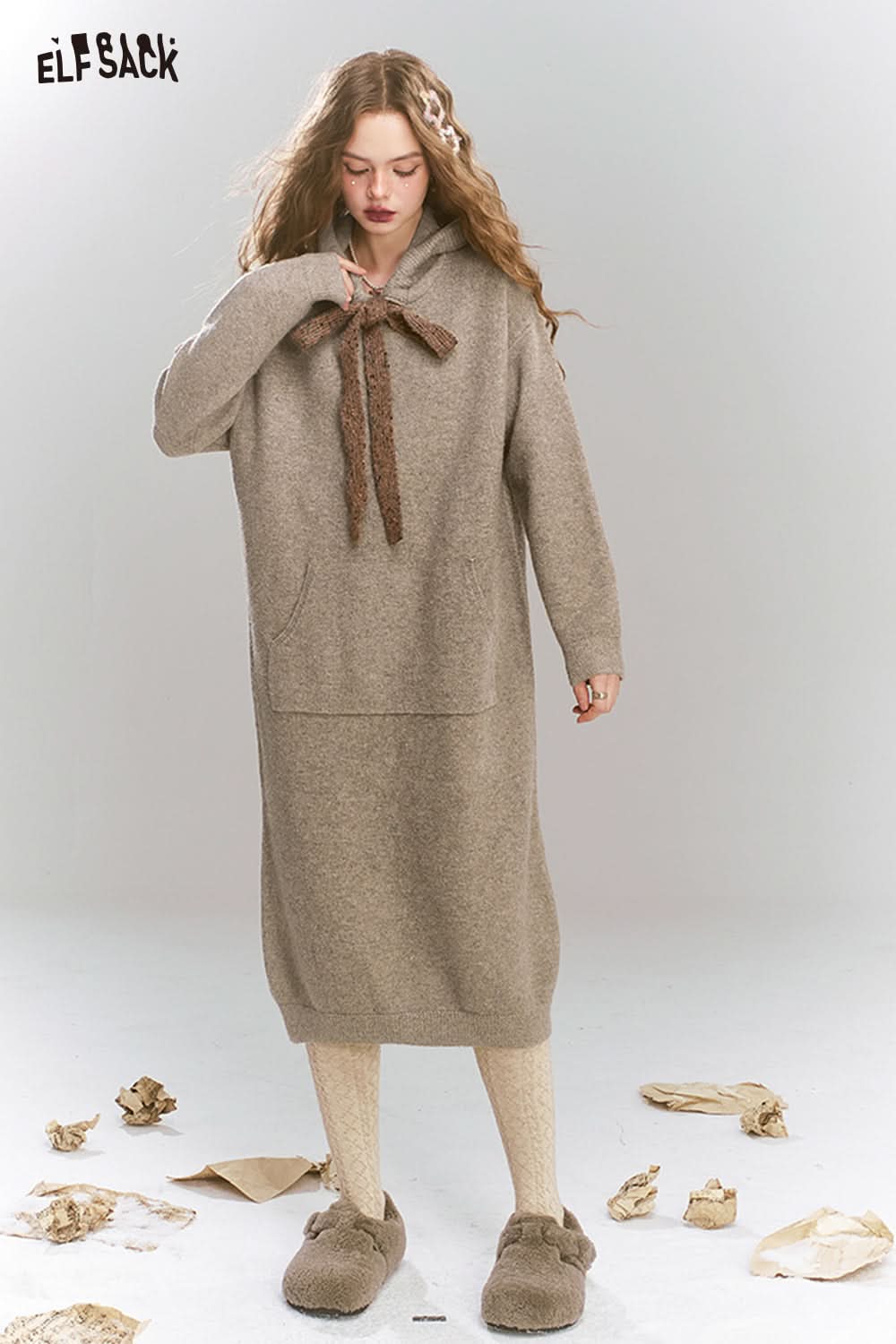 ELFSACK Colorful dots hooded pockets tie knit long dress