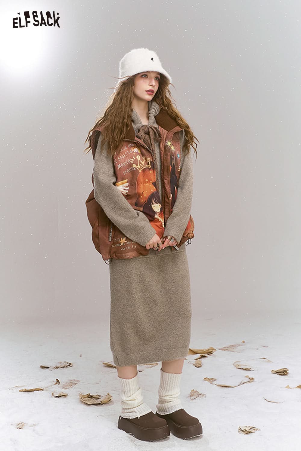 ELFSACK Colorful dots hooded pockets tie knit long dress