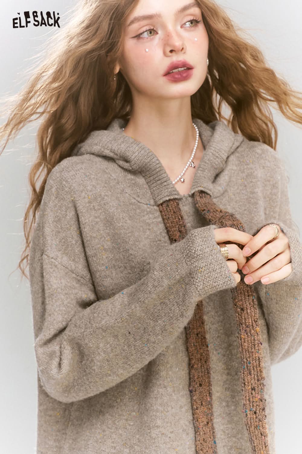 ELFSACK Colorful dots hooded pockets tie knit long dress