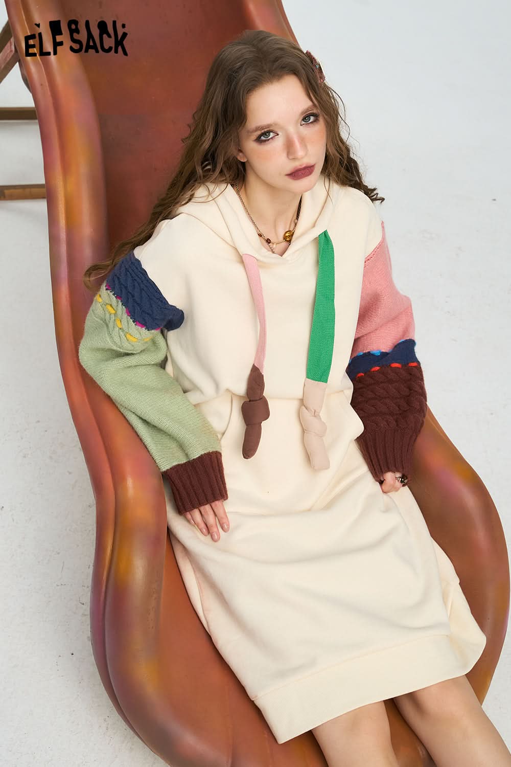 ELFSACK Women's colorful patchwork hooded sweater dress