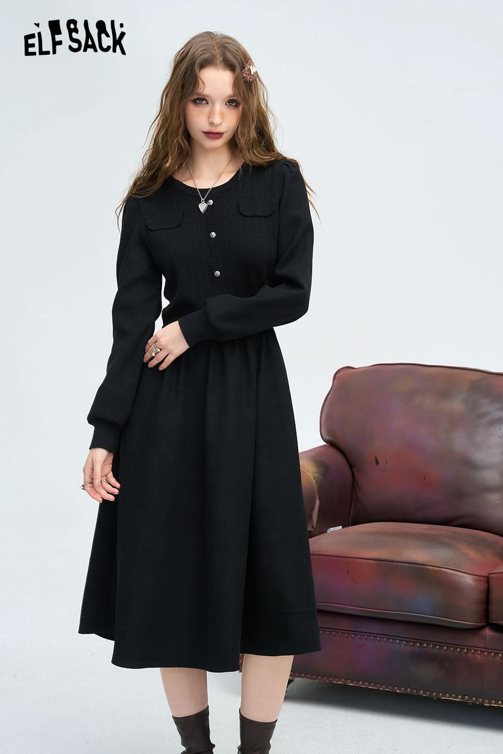 ELFSACK French Preppy Style Gentle Waist Slimming Dress